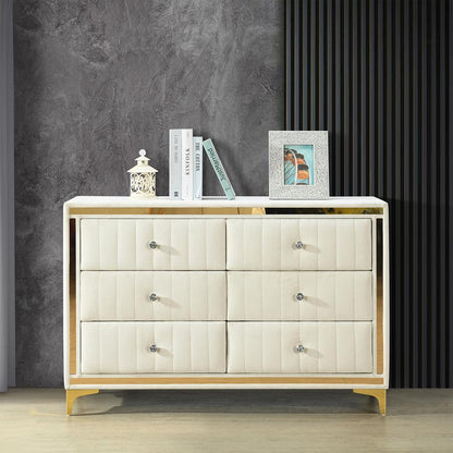 Velvet 6 Drawer Dresser with Gold Legs and Trim