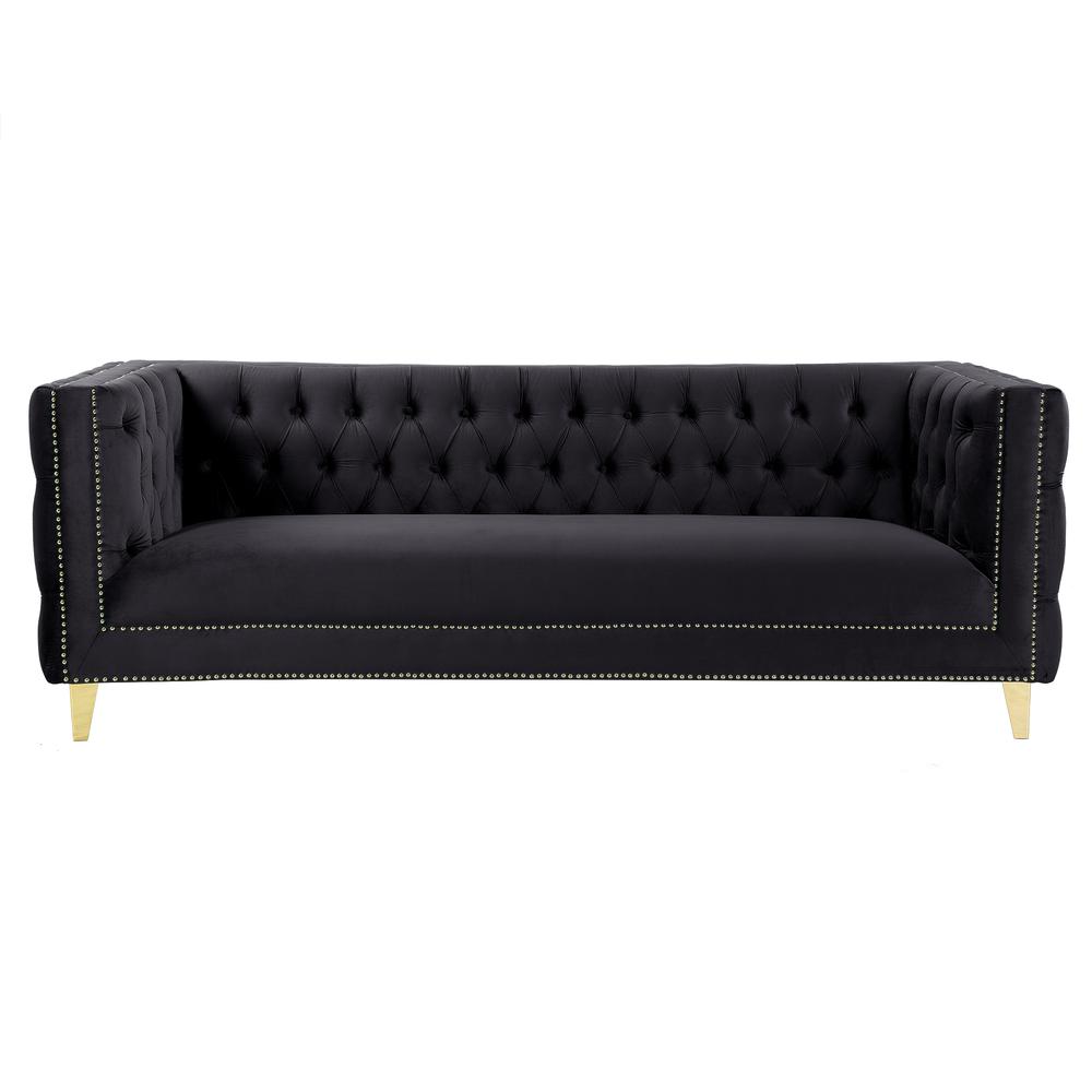 Luxe Velvet Sofa with Gold Legs, Gold Nail head Trim and Button-Tufted Design