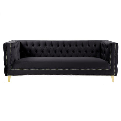 Luxe Velvet Sofa with Gold Legs, Gold Nail head Trim and Button-Tufted Design