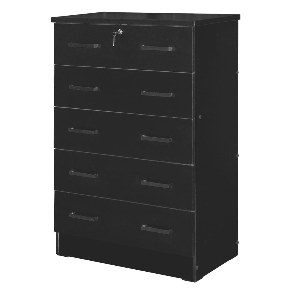 Better Home Products Cindy 5 Drawer Chest Wooden Dresser with Lock in Black