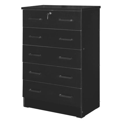 Better Home Products Cindy 5 Drawer Chest Wooden Dresser with Lock in Black
