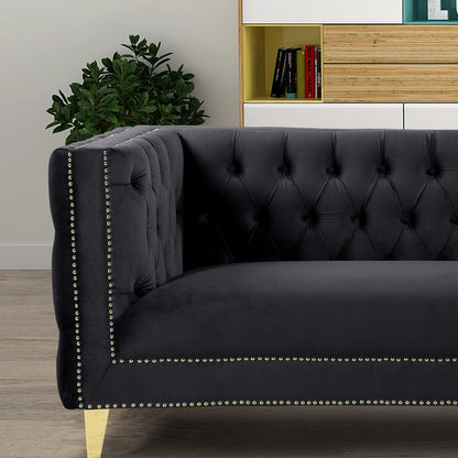 Luxe Velvet Sofa with Gold Legs, Gold Nail head Trim and Button-Tufted Design