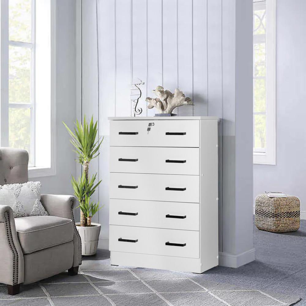 Better Home Products Cindy 5 Drawer Chest Wooden Dresser with Lock in White