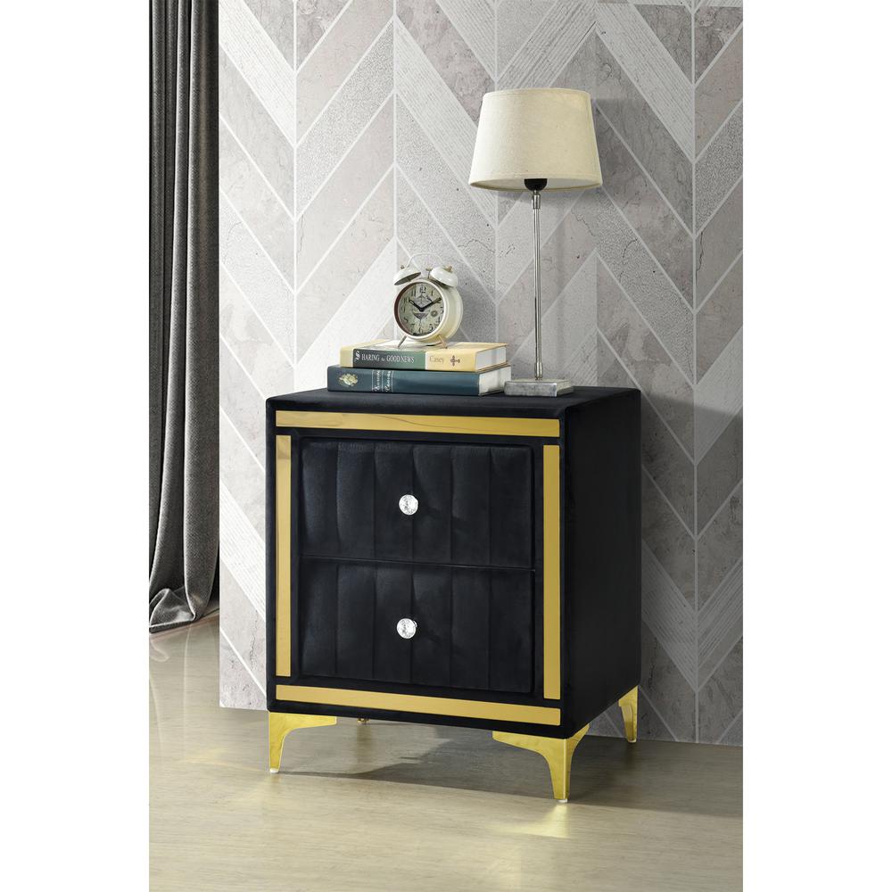 Monique Velvet Nightstand with Gold Legs and Gold Trim, Crystal knobs