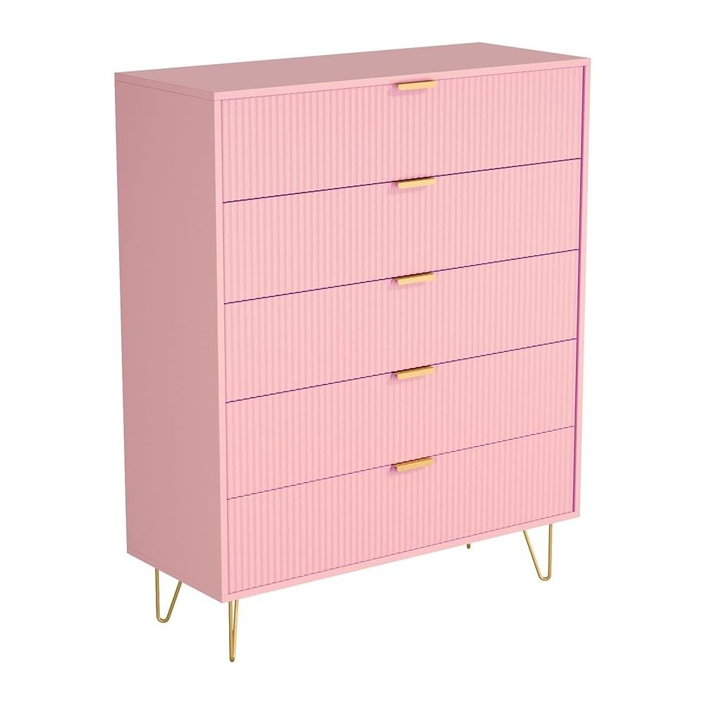 5-Drawer Chest in MDF Wood with Gold Metal Legs and Handles. (Pink)