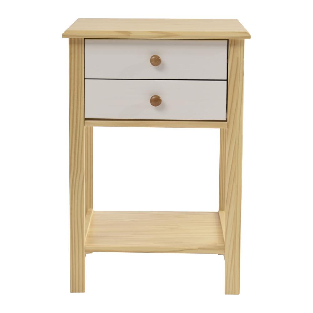 Better Home Products Solid Pine Wood 2 Drawer Nightstand in White & Natural
