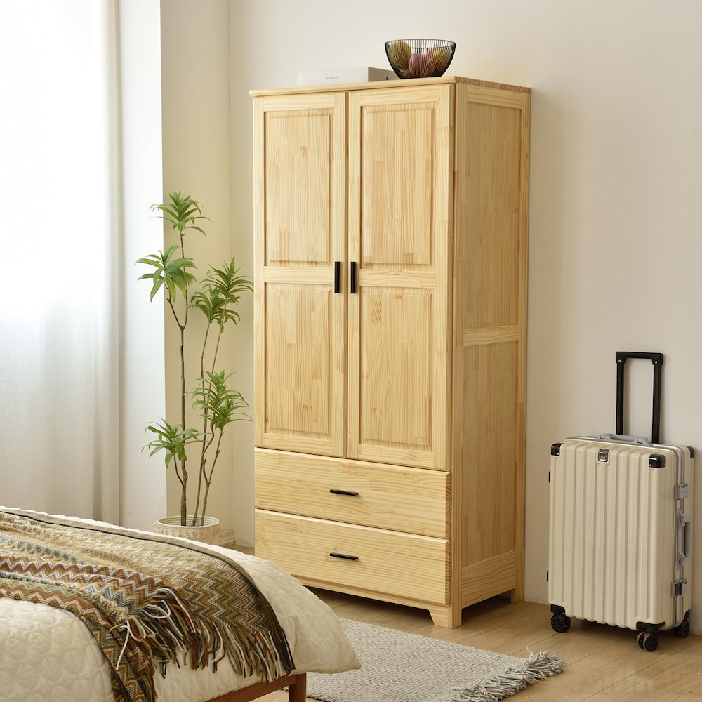 Pine Wood Closet with Raised Doors and Two Drawers (Natural)