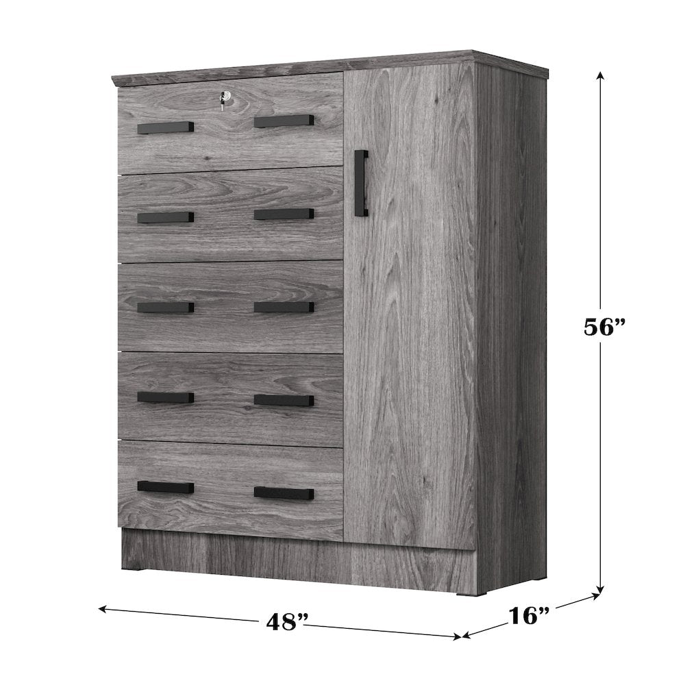 Better Home Products JCF Sofie 5 Drawer Wooden Tall Chest Wardrobe in Gray