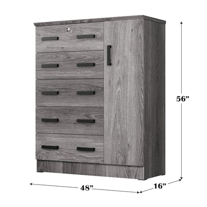 Better Home Products JCF Sofie 5 Drawer Wooden Tall Chest Wardrobe in Gray