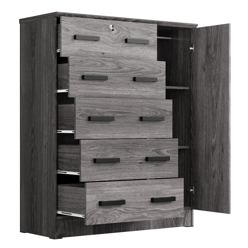 Better Home Products JCF Sofie 5 Drawer Wooden Tall Chest Wardrobe in Gray