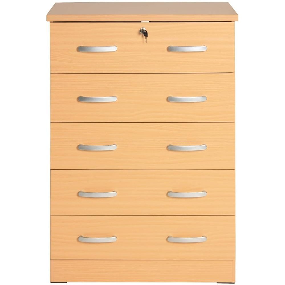 Better Home Products Cindy 5 Drawer Chest Wooden Dresser with Lock Beech (Maple)