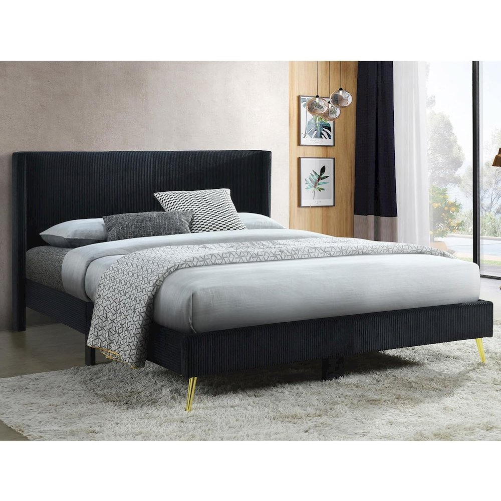 Corduroy Upholstered Wingback Bed with Gold Metal Legs