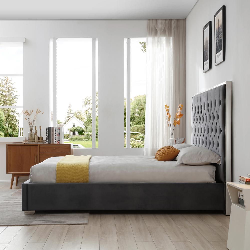 Better Home Products Sophia Velvet King Bed with Silver Metal Frame in Gray