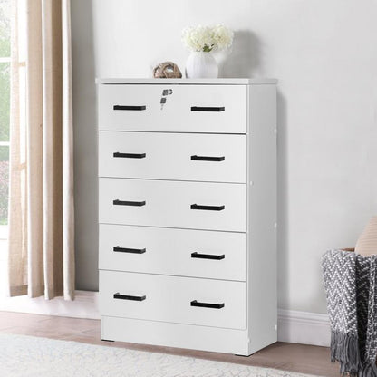 Better Home Products Cindy 5 Drawer Chest Wooden Dresser with Lock in White