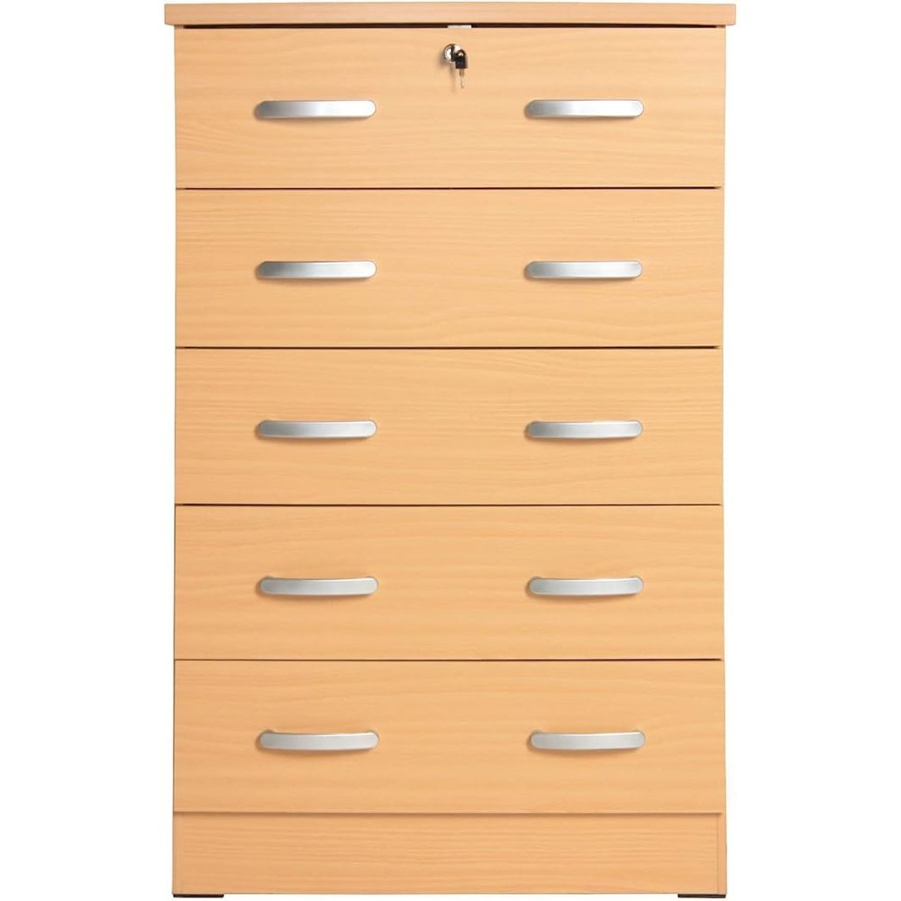 Better Home Products Cindy 5 Drawer Chest Wooden Dresser with Lock Beech (Maple)