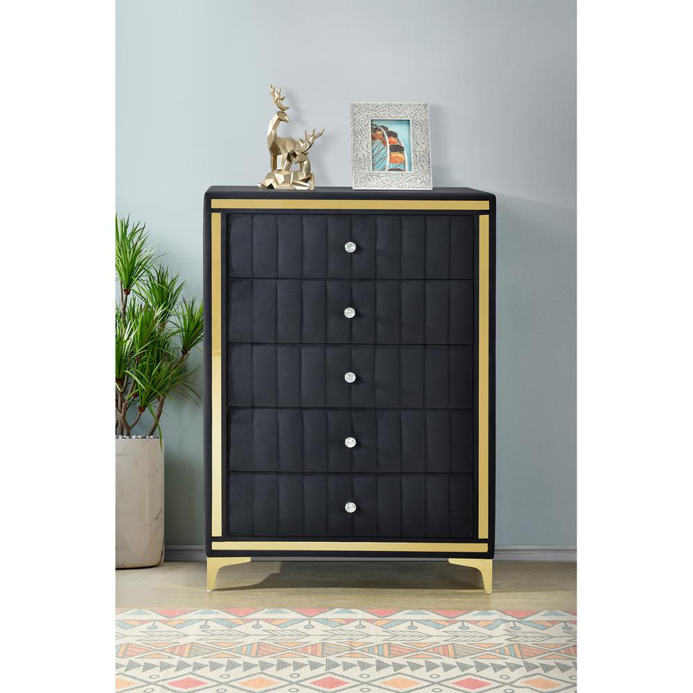 Upholstered 5-Drawer Chest Dresser with Gold Legs and Gold Trim