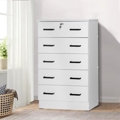 Better Home Products Cindy 5 Drawer Chest Wooden Dresser with Lock in White