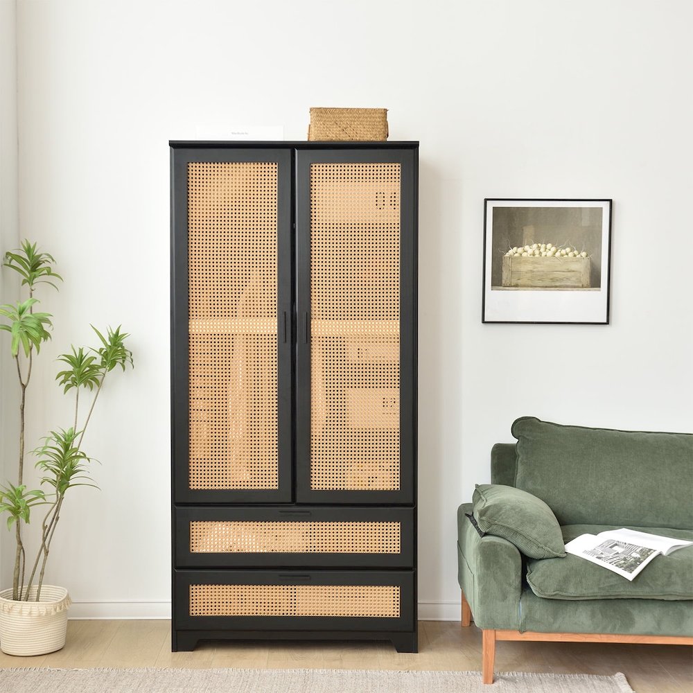 Solid Pine Wood Rattan Closet with 2 Drawers in Black Color
