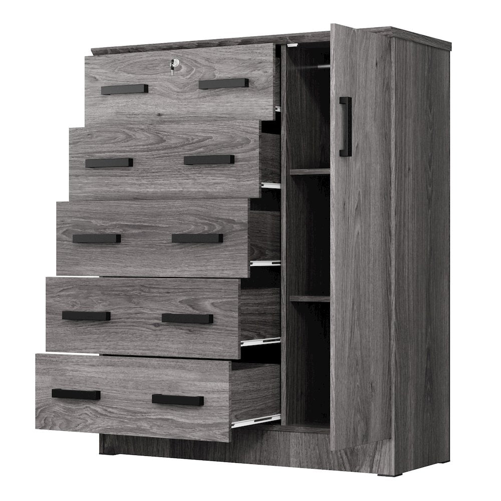 Better Home Products JCF Sofie 5 Drawer Wooden Tall Chest Wardrobe in Gray