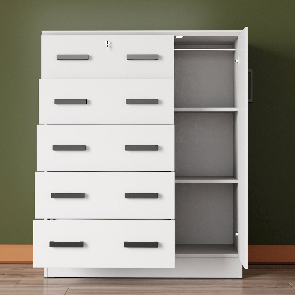 Better Home Products JCF Sofie 5 Drawer Wooden Tall Chest Wardrobe in White