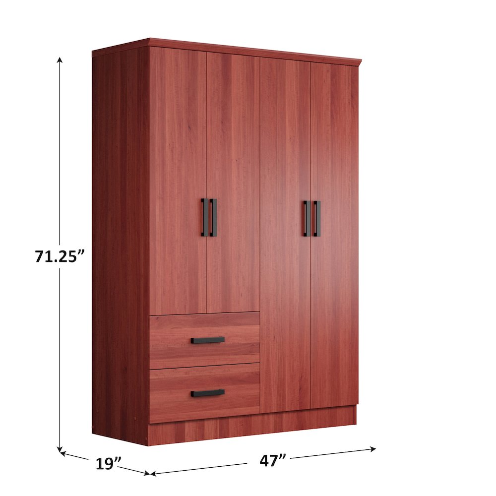 Better Home Products Luna Modern Wood 4 Doors 2 Drawers Armoire in Mahogany