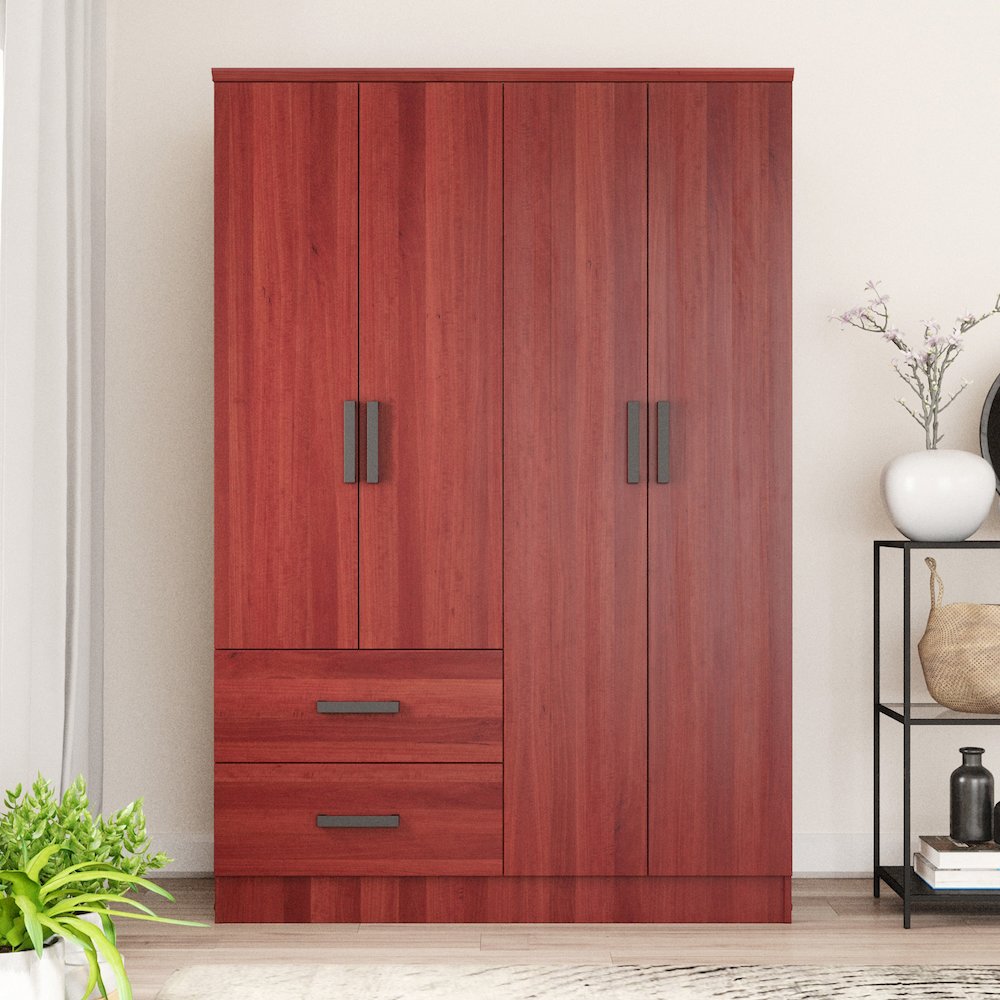 Better Home Products Luna Modern Wood 4 Doors 2 Drawers Armoire in Mahogany