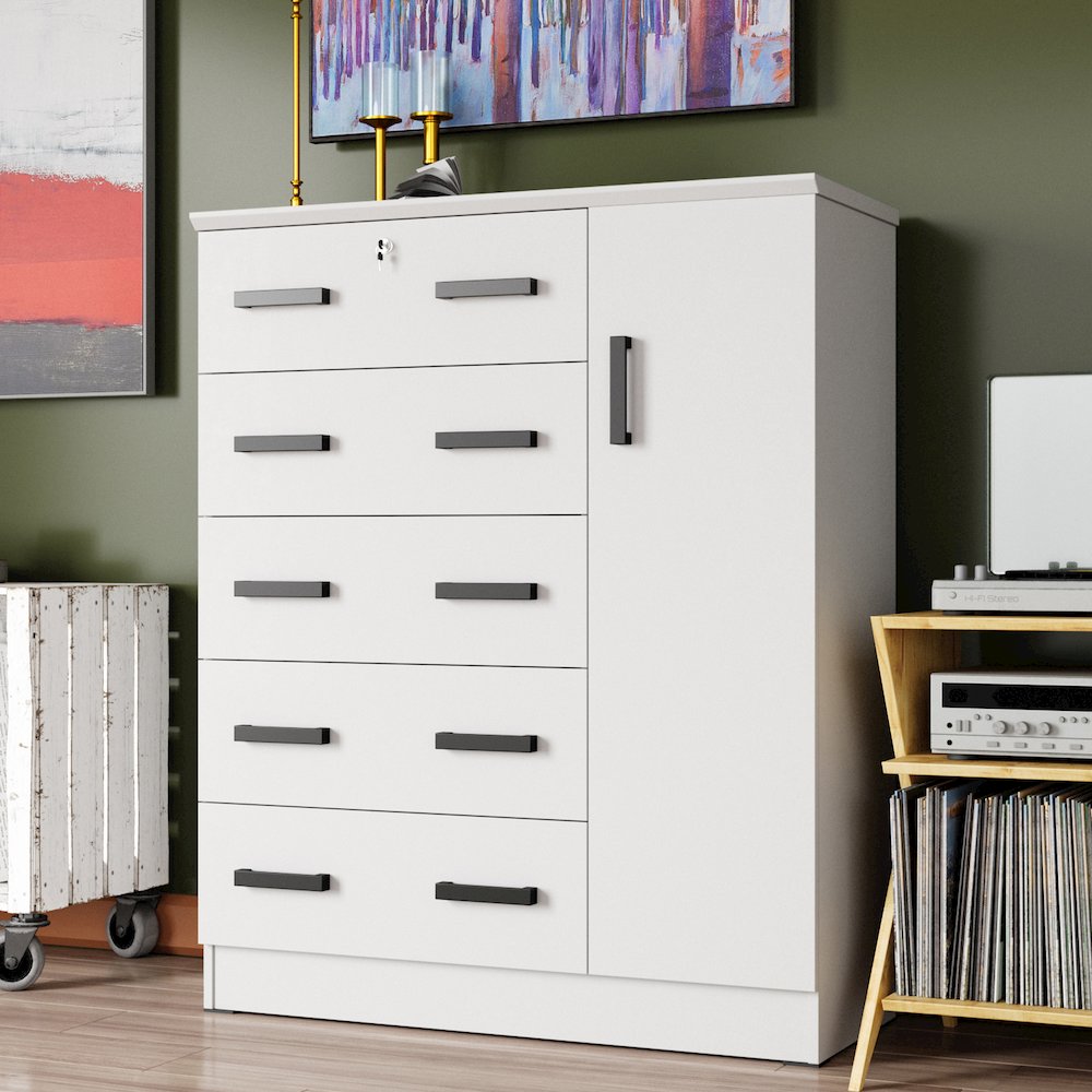 Better Home Products JCF Sofie 5 Drawer Wooden Tall Chest Wardrobe in White