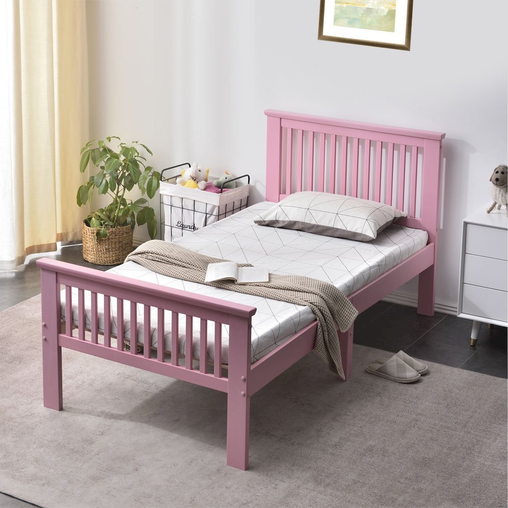 Twin Solid Wood Platform Bed with Headboard/Pine Twin Bed (Pink)
