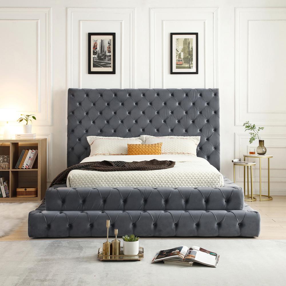 Velvet Queen Bed with Deep Button Tufting in Gray