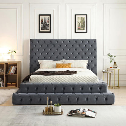 Velvet Queen Bed with Deep Button Tufting in Gray