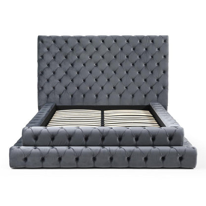 Velvet Queen Bed with Deep Button Tufting in Gray