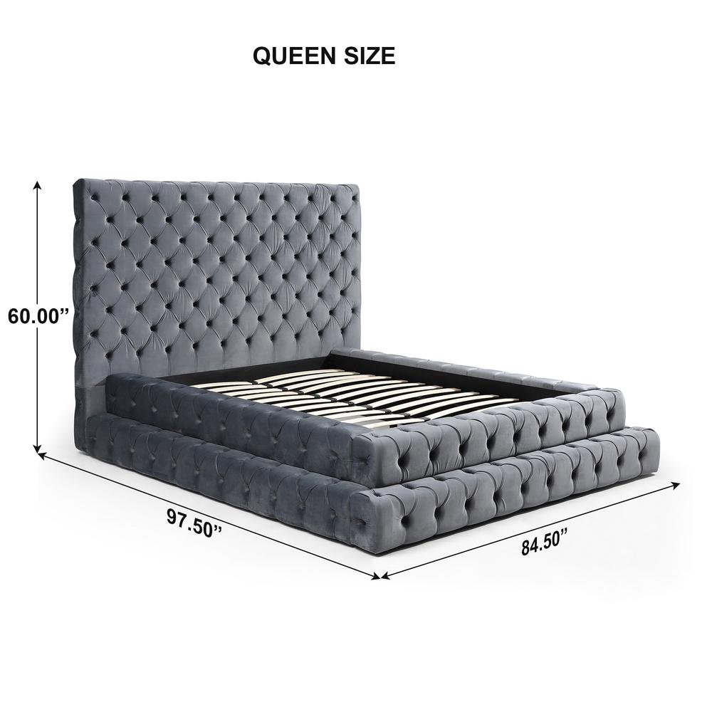 Velvet Queen Bed with Deep Button Tufting in Gray