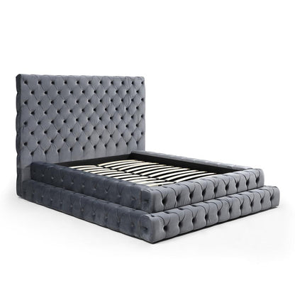 Velvet Queen Bed with Deep Button Tufting in Gray