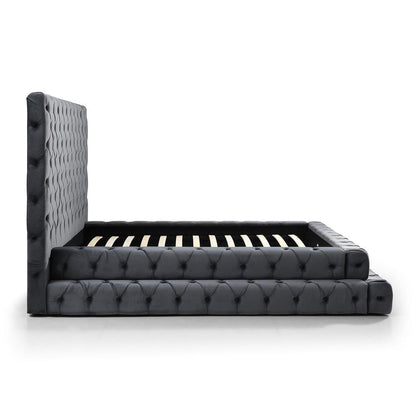 Velvet Queen Bed with Deep Button Tufting in Gray