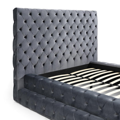 Velvet Queen Bed with Deep Button Tufting in Gray