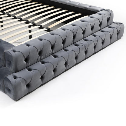 Velvet Queen Bed with Deep Button Tufting in Gray