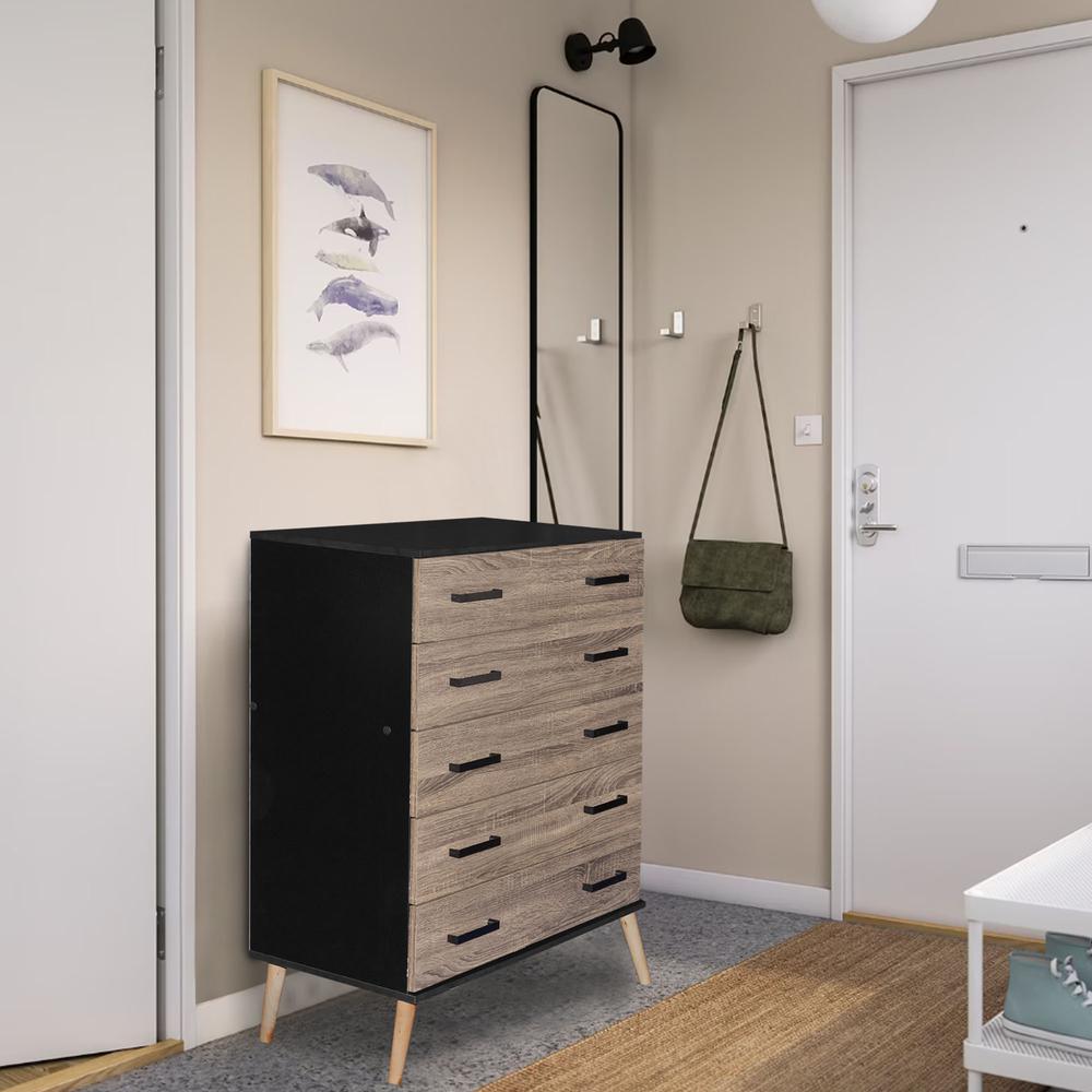 Better Home Products Eli Mid-Century Modern 5 Drawer Chest in Black & Sonoma Oak