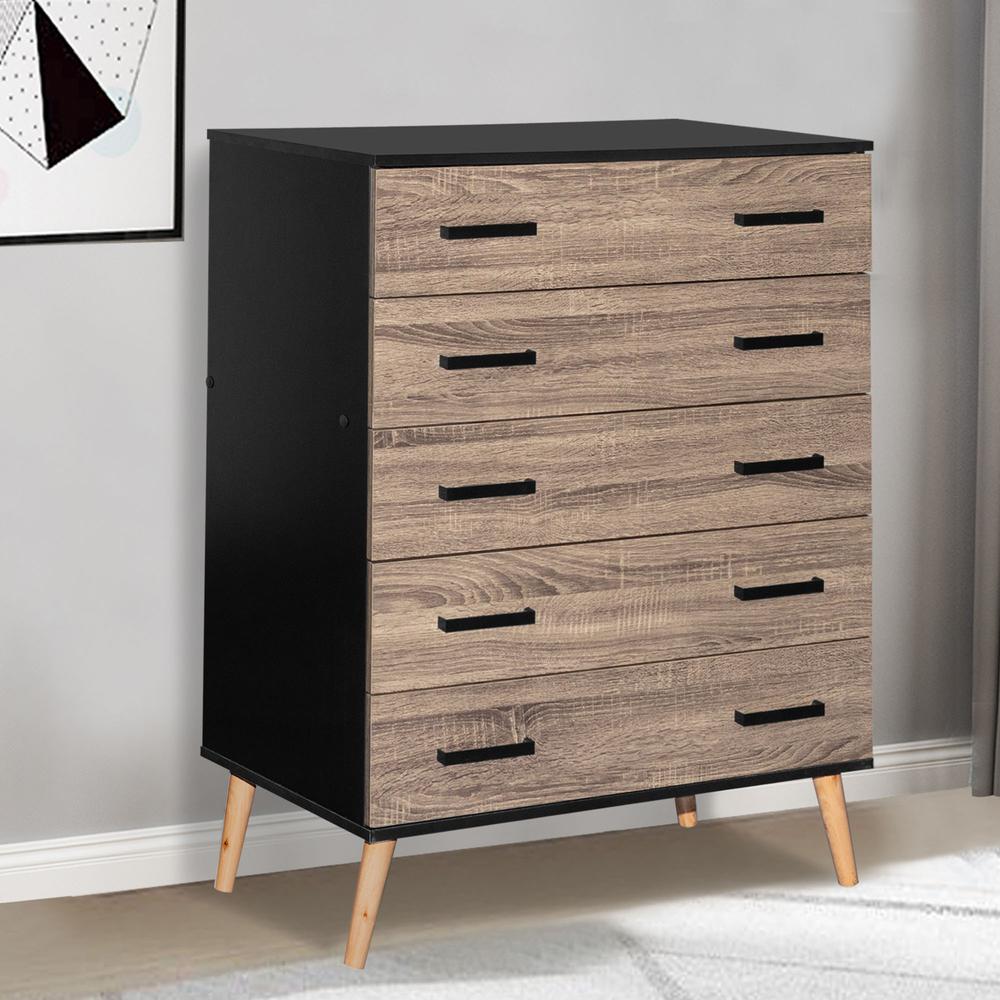 Better Home Products Eli Mid-Century Modern 5 Drawer Chest in Black & Sonoma Oak