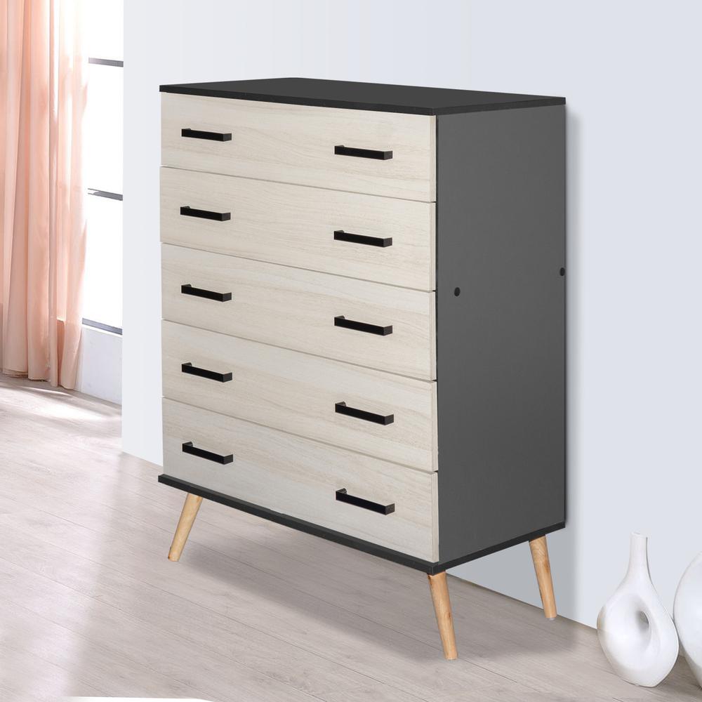 Better Home Products Eli Mid-Century Modern 5 Drawer Chest Dark Gray & Honey Oak