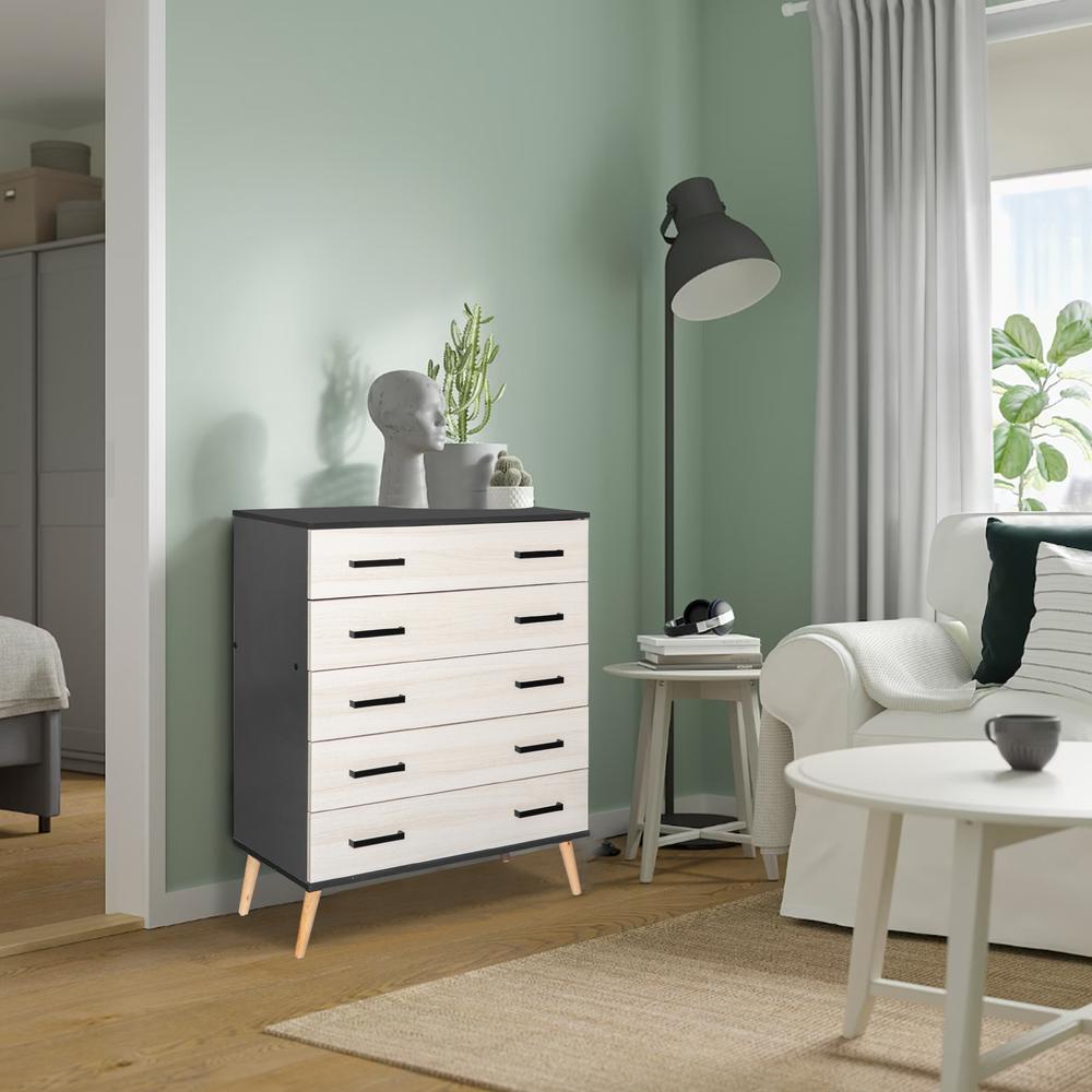 Better Home Products Eli Mid-Century Modern 5 Drawer Chest Dark Gray & Honey Oak
