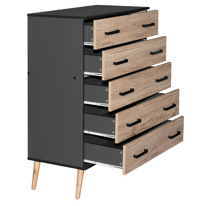 Better Home Products Eli Mid-Century Modern 5 Drawer Chest Dark Gray & Natural Oak