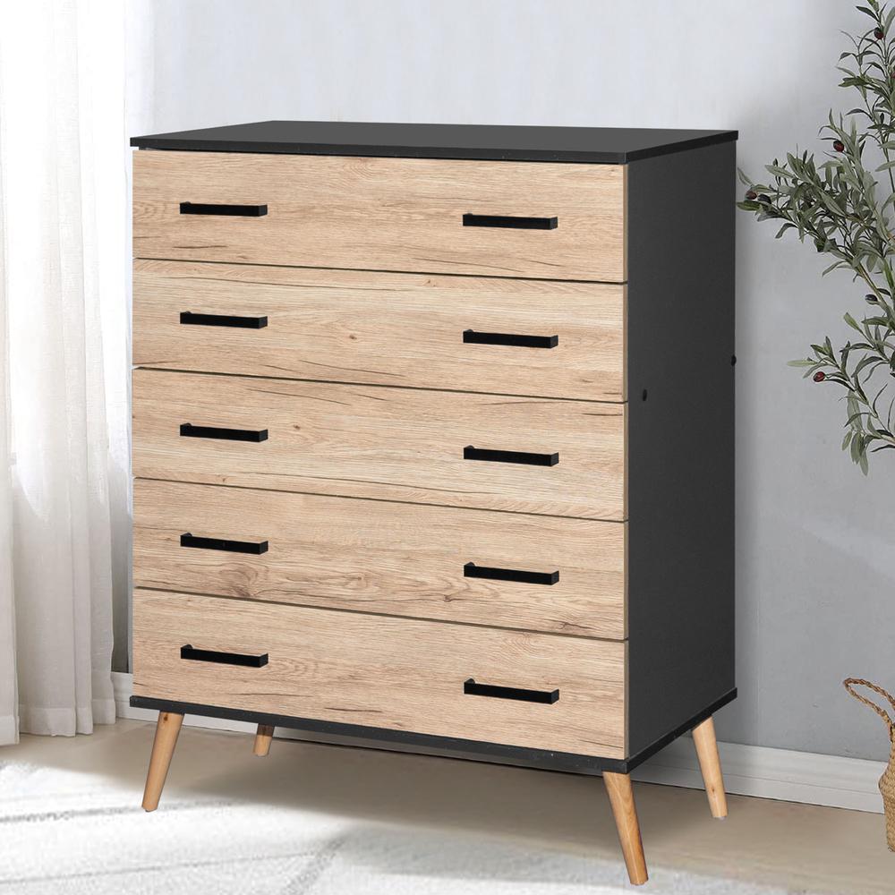 Better Home Products Eli Mid-Century Modern 5 Drawer Chest Dark Gray & Natural Oak