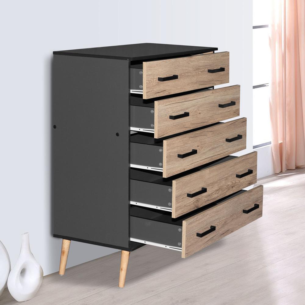 Better Home Products Eli Mid-Century Modern 5 Drawer Chest Dark Gray & Natural Oak