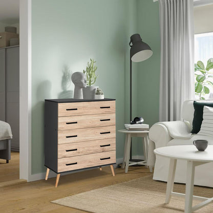 Better Home Products Eli Mid-Century Modern 5 Drawer Chest Dark Gray & Natural Oak