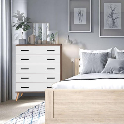 Better Home Products Eli Mid-Century Modern 5 Drawer Chest in Walnut & White
