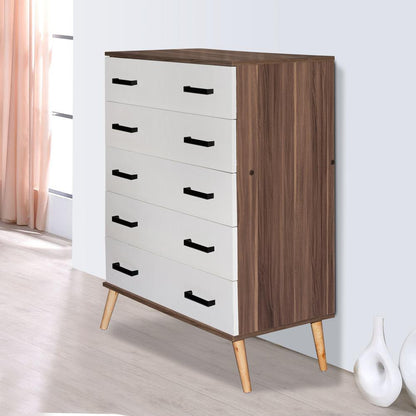 Better Home Products Eli Mid-Century Modern 5 Drawer Chest in Walnut & White