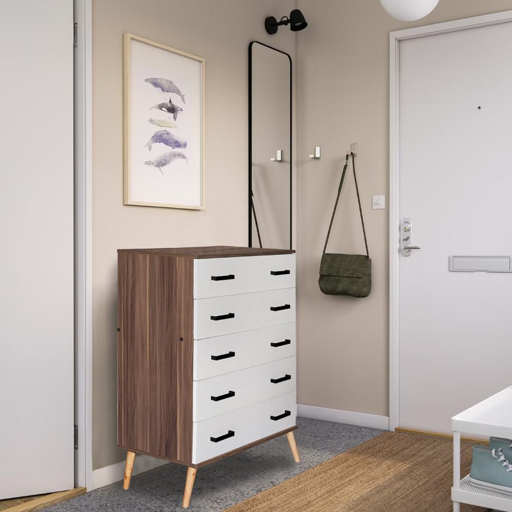 Better Home Products Eli Mid-Century Modern 5 Drawer Chest in Walnut & White