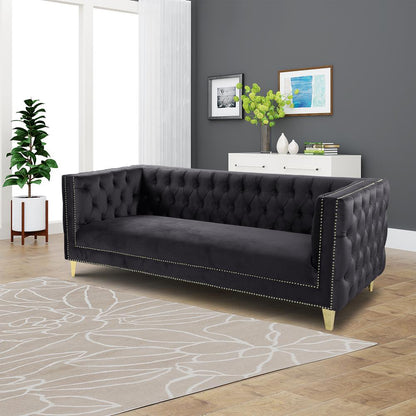 Luxe Velvet Sofa with Gold Legs, Gold Nail head Trim and Button-Tufted Design