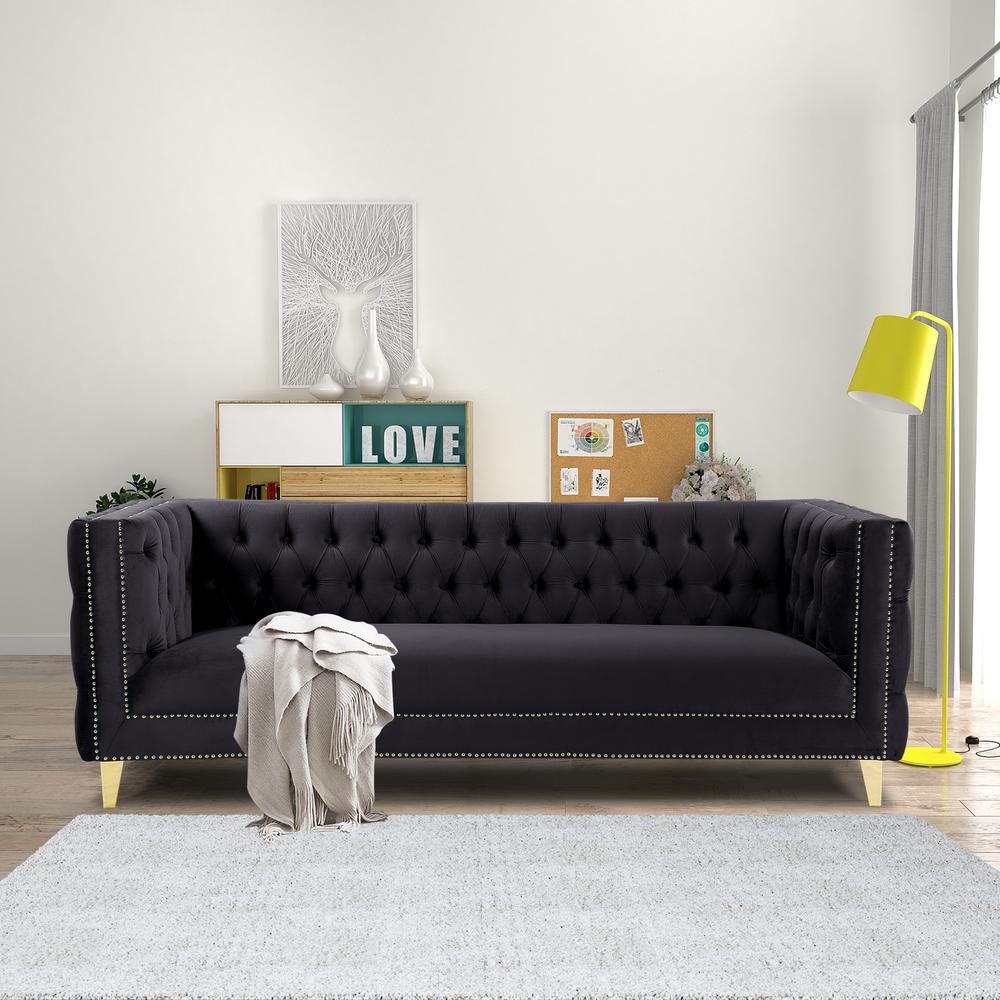 Luxe Velvet Sofa with Gold Legs, Gold Nail head Trim and Button-Tufted Design