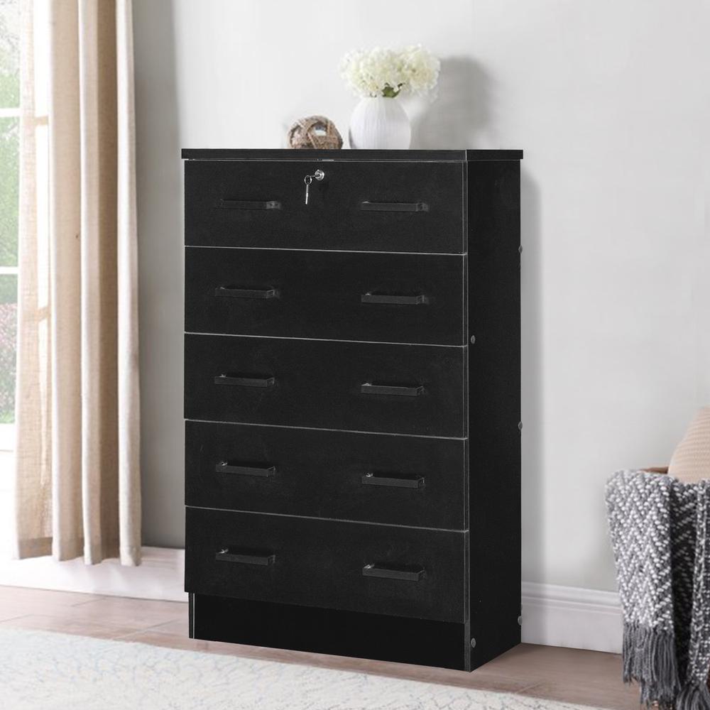 Better Home Products Cindy 5 Drawer Chest Wooden Dresser with Lock in Black